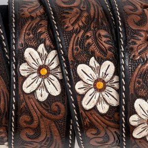 White Flower Hand Tooled Leather Western Belts