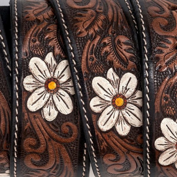 White Flower Hand Tooled Leather Western Belts
