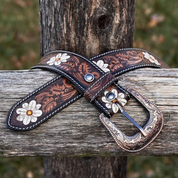 White Flower Hand Tooled Leather Westerns Belt