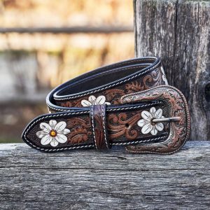 White Flower Hand Tooled Leather Westerns Belts