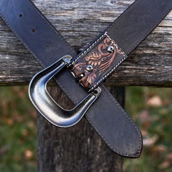 White Flower Hand Tooled Leather Western Belts