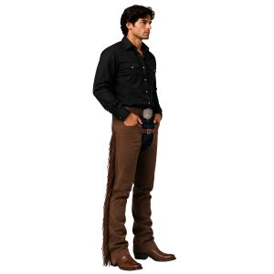 Brown suede Western riding chaps with side fringe