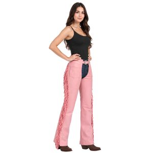 Women’s pink motorcycle chaps with fringe detailing