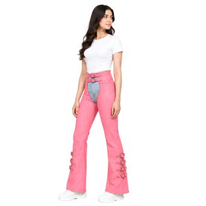 Pink leather motorcycle chaps with adjustable straps