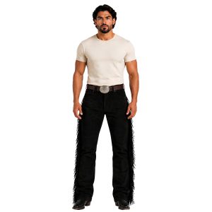 Black Suede Leather Western Pants with Fringe