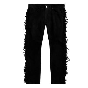 Black Suede Leather Western Pants with Fringe