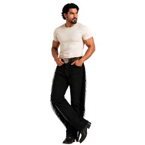 Black suede Western pants with side fringe