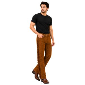 Brown Western leather pants with side fringe